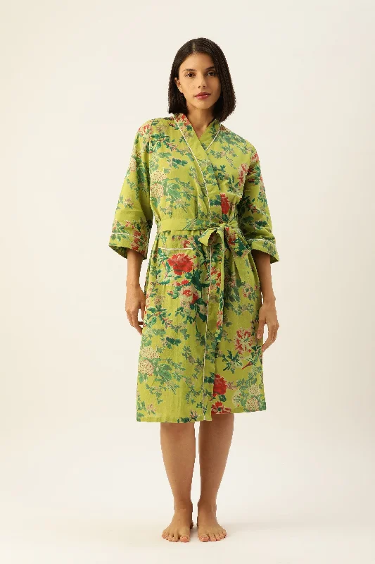 Green Pure Cotton hand printed  kimono robe