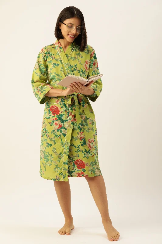 Green Pure Cotton hand printed  kimono robe