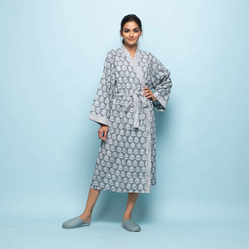 Grey Cotton Hand printed kimono robe