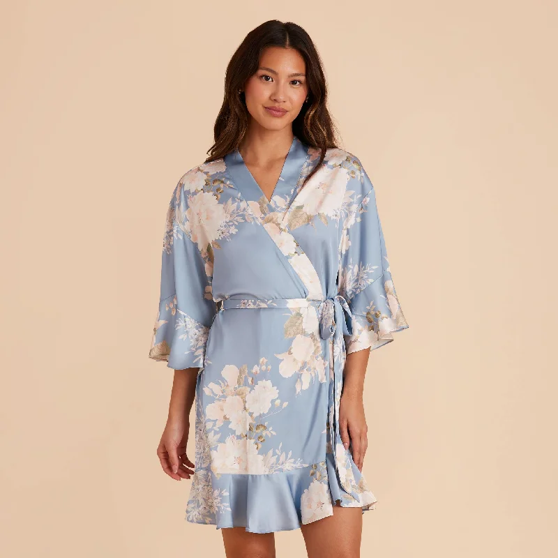 Kenny Floral Ruffle Robe - Dusty Blue Romantic Bouquet