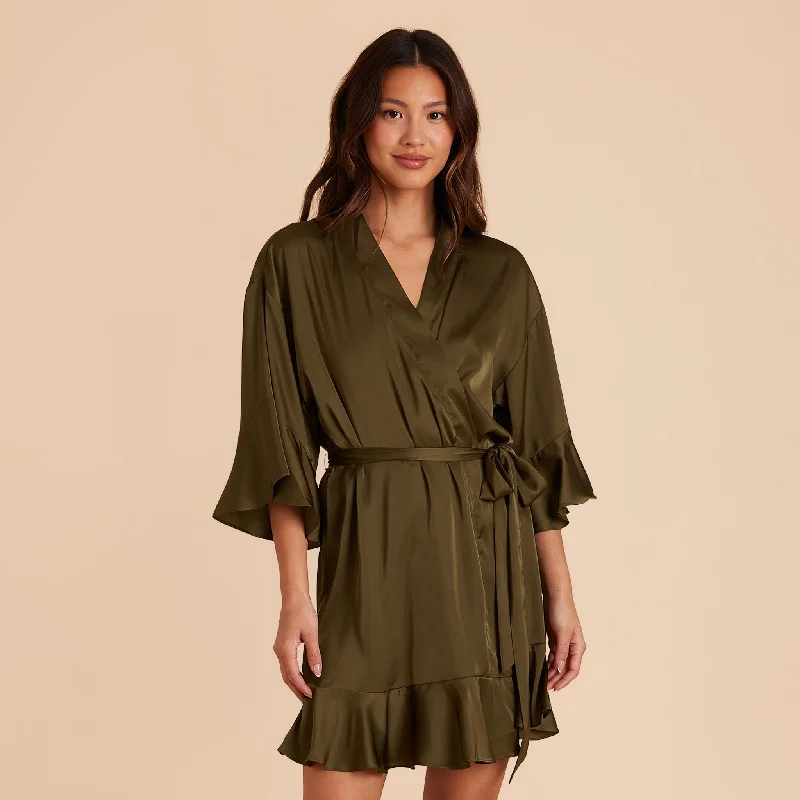 Kenny Ruffle Satin Robe - Olive