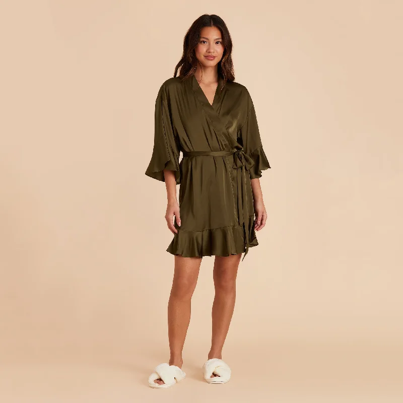 Kenny Ruffle Satin Robe - Olive