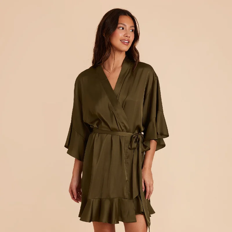 Kenny Ruffle Satin Robe - Olive