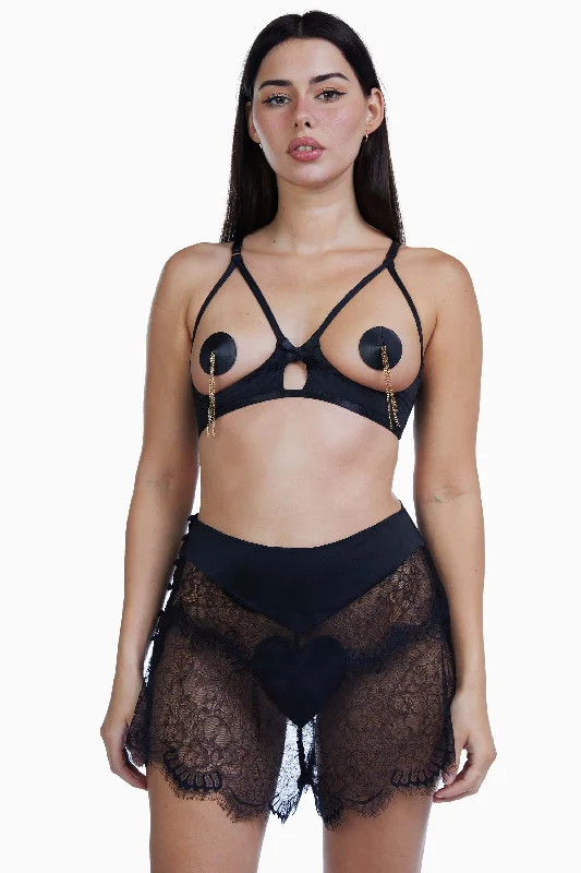 Bettie Page Doris Black Cupless Stitch Detail Bra