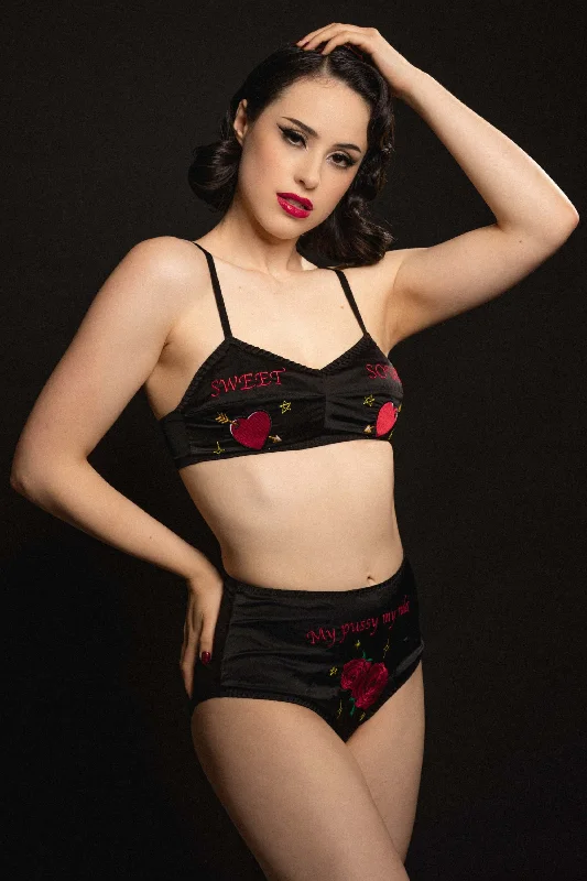 Clara Black Retro Embroidery High Waist Brief