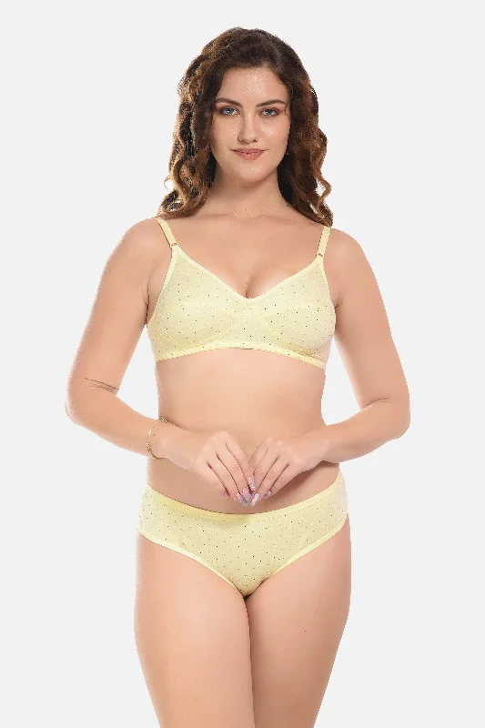 FIMS Fashion Women Cotton Blend Dott Print Full Coverage Lingerie Set Pack of 1 Yellow