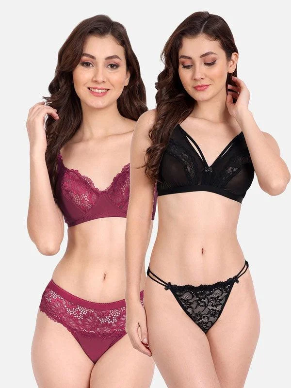 Women Lycra Net Floral Lace Bra Panty Non-Padded Non-Wired Pack of 2 Lingerie Set