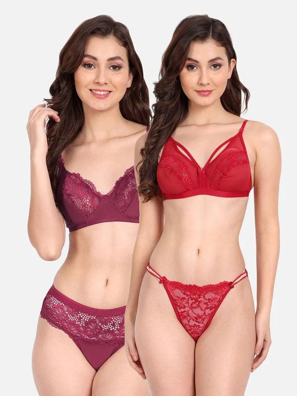 Women Lycra Net Floral Lace Bra Panty Non-Padded Non-Wired Pack of 2 Lingerie Set