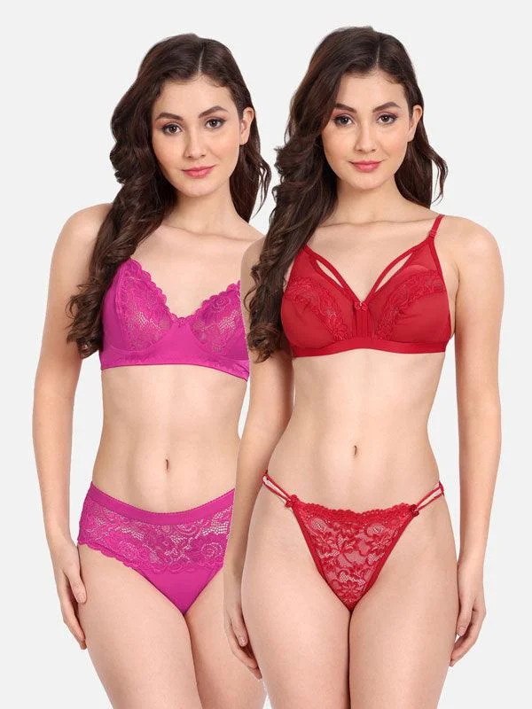 Women Lycra Net Floral Lace Bra Panty Non-Padded Non-Wired Pack of 2 Lingerie Set