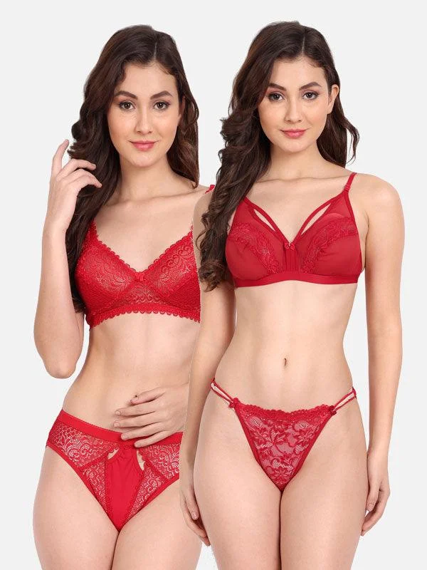 Women Lycra Net Floral Lace Bra Panty Non-Padded Non-Wired Pack of 2 Lingerie Set