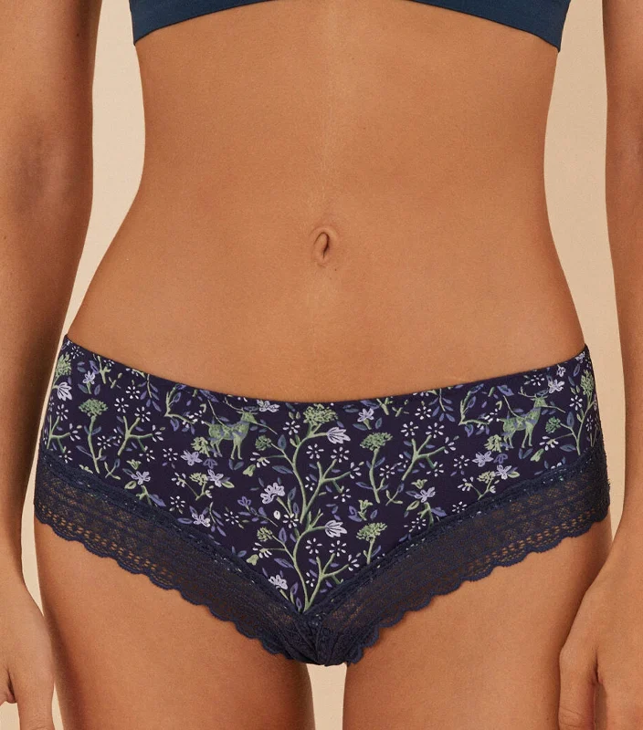 Floral Lace Wide-Side Brazilian Panty Navy Blue