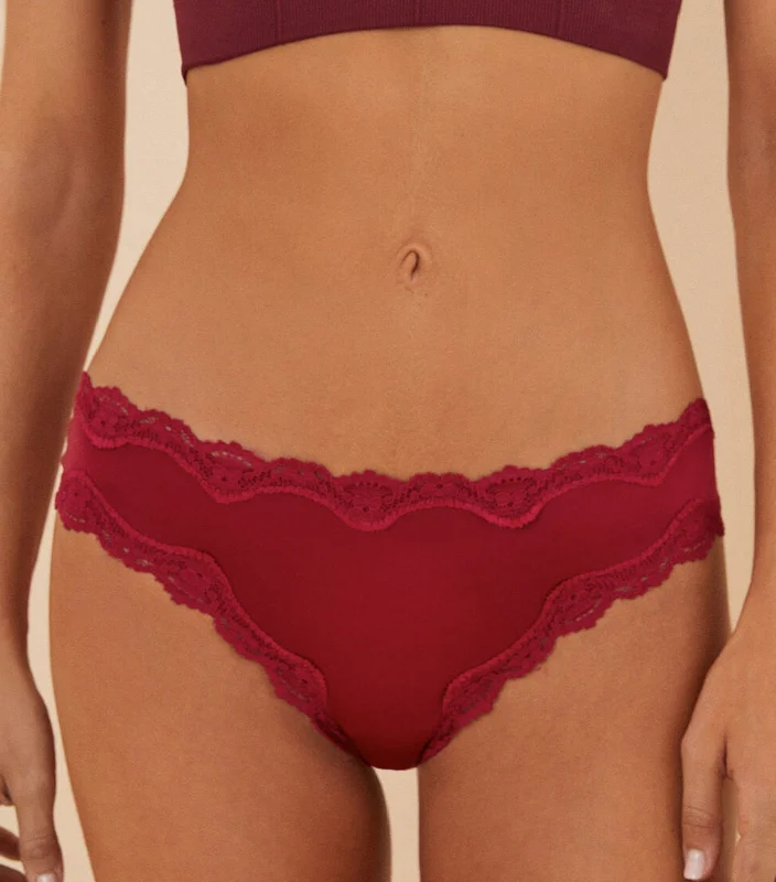 Lace and Microfiber Brazilian Panty Maroon