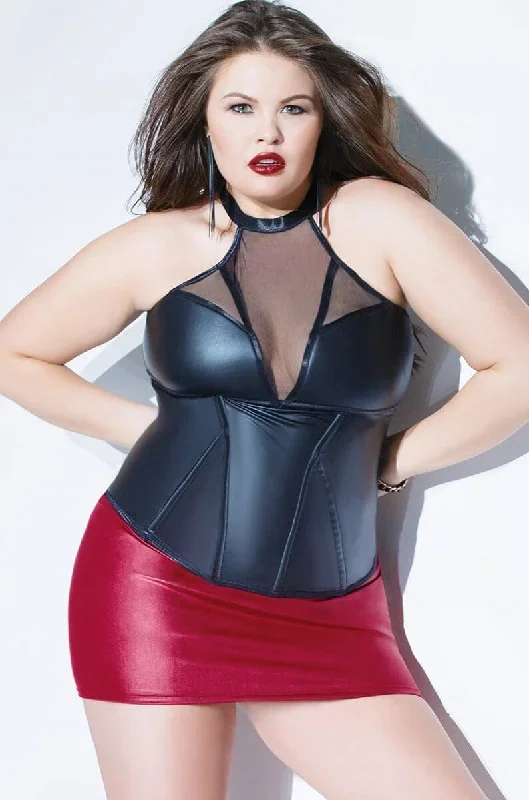 Matte Wet Look Boned Bustier With Sheer Nylon Halter | Plus Size