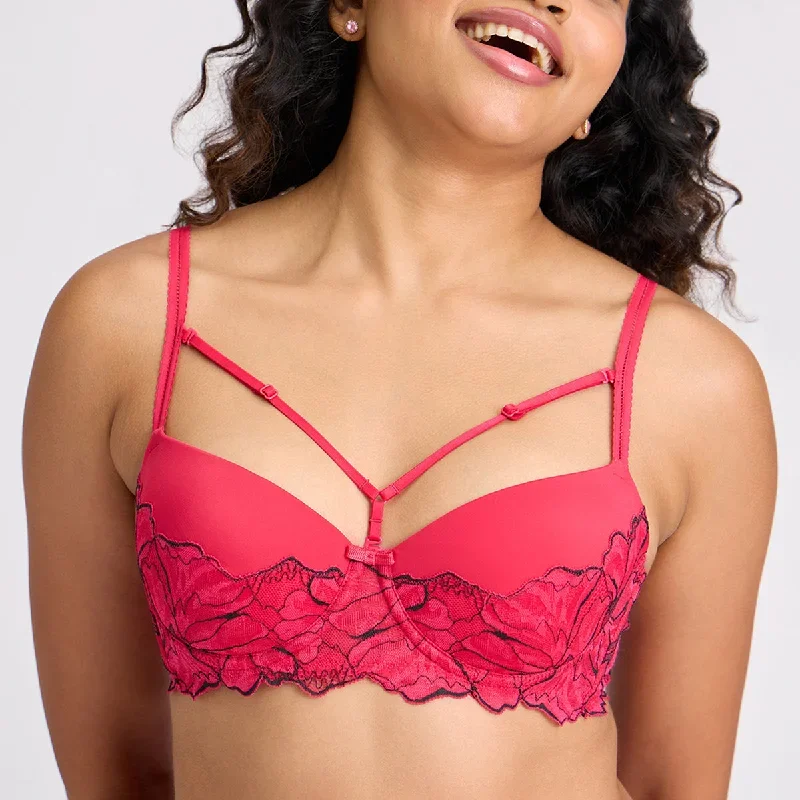 Lola & Mae The Parisian Cut Signature Strap Lacy Bra-Red LMB1025