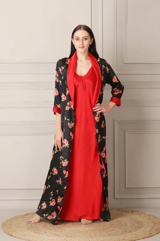 Red Satin Nighty & Print Robe Nightgown set